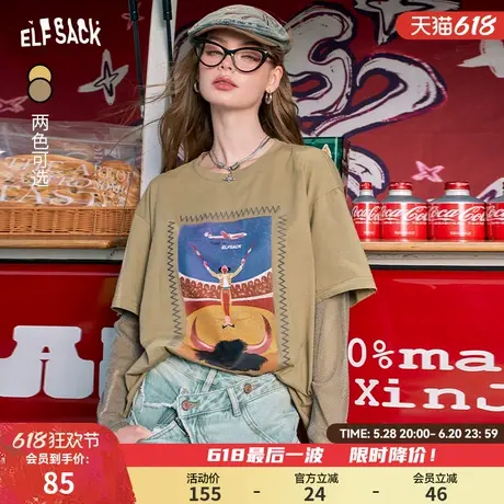 妖精的口袋宽松印花美式t恤女2025春季新款亮闪弹力网纱长袖上衣商品大图