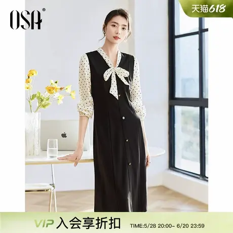 OSA欧莎假两件蝴蝶结连衣裙女2025春季新款中长款波点裙收腰裙子图片