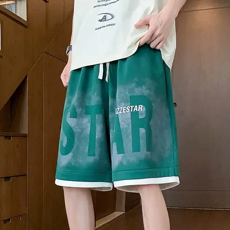 休闲短裤男夏季薄款泼墨潮流直筒中裤青少年宽松百搭工装五分裤子商品大图