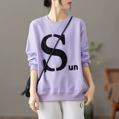 dza 文艺复古宽松短款圆领套头卫衣女士春季新款纯棉字母休闲上衣图片