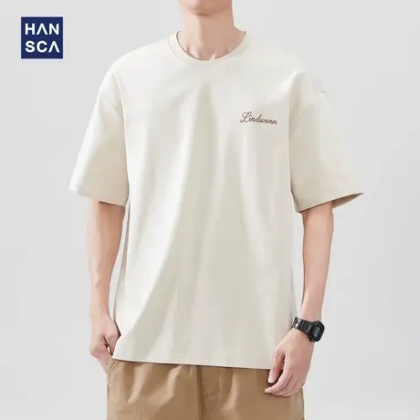 hansca 日系250g重磅短袖t恤男2025夏季新款字母印花杏色休闲上衣商品大图