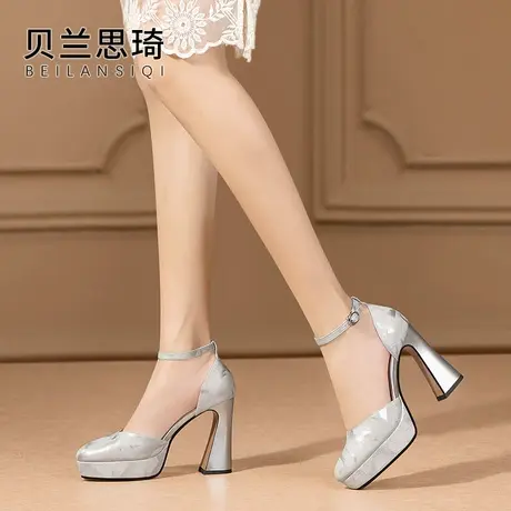 真皮一字带圆头中空厚底粗跟凉鞋女2025夏季包头防水台高跟凉鞋图片