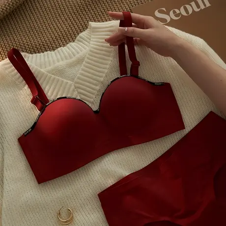 红色内衣女无痕小胸聚拢显大胸罩舒适无钢圈防下垂收副乳文胸套装商品大图