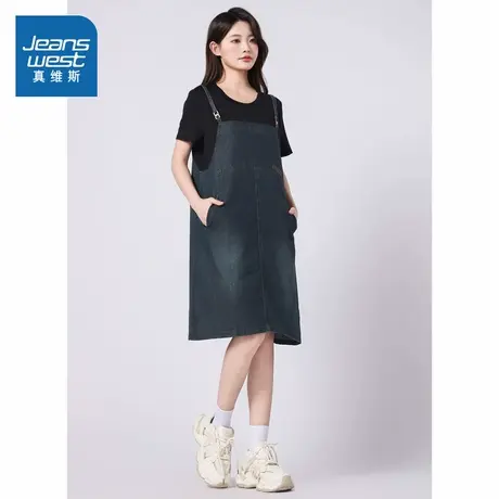 N8真维斯女装假两件连衣裙 2025夏季新品 女款短袖拼接牛仔裙子图片