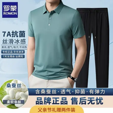 罗蒙桑蚕丝短袖t恤套装男士夏季商务休闲亲肤透气两件套运动套装商品大图