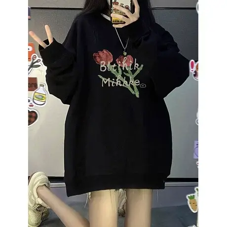 大码bf风黑色卫衣ins潮牌显瘦薄款外套高级感街头风复古秋季上衣商品大图