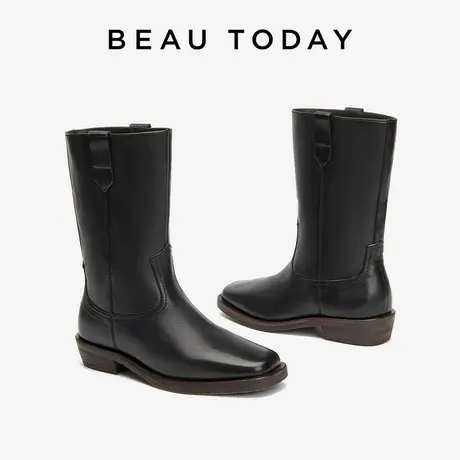 BeauToday中筒靴子女2023新款秋季BT复古真皮英伦风厚底烟管舒适商品大图
