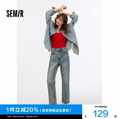 [商场同款]森马牛仔裤女做旧复古长裤2025秋季新款拼接直筒裤潮流商品大图