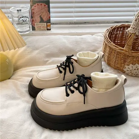 松糕厚底小皮鞋女2023春秋季新款白色英伦风圆头系带百搭日系单鞋商品大图