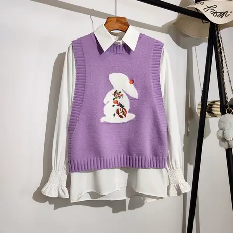 兔子针织马甲背心衬衫套装女春秋新款宽松叠穿时尚减龄上衣两件套商品大图