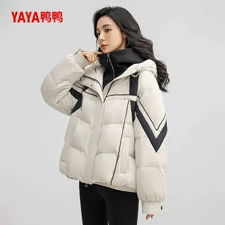 鸭鸭短款加厚羽绒服女2024秋冬新品撞色时尚假两件保暖外套J商品大图