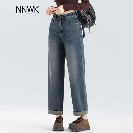 复古蓝色哈伦牛仔裤女2025新款秋季小个子高腰显瘦九分老爹萝卜裤商品大图