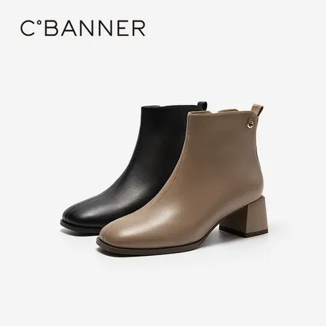 千百度粗高跟弹力袜靴女2025冬季新款显瘦羊皮时装靴通勤短靴子商品大图