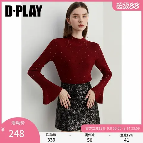 DPLAY秋季气质红色毛衣半高领羊毛衫针织衫修身亮钻毛衣女商品大图
