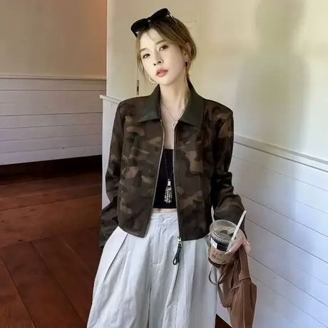 欧洲站秋季立领长袖迷彩机车服外套女2025新款气质高级感夹克上衣商品大图