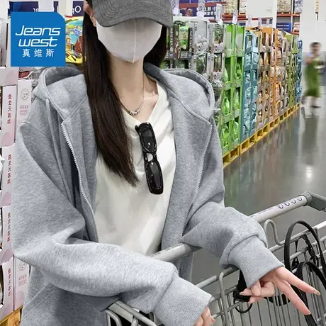 NOE真维斯灰色开衫外套女2025新款秋季青少年宽松显瘦连帽上衣商品大图