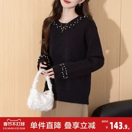 唐狮2026秋冬季毛衣女小香风精致装饰设计小众圆领套头黑色毛线衫商品大图