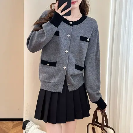 唐狮秋冬季女毛衣撞色设计小香风开衫短款气质高级感韩系tu图片