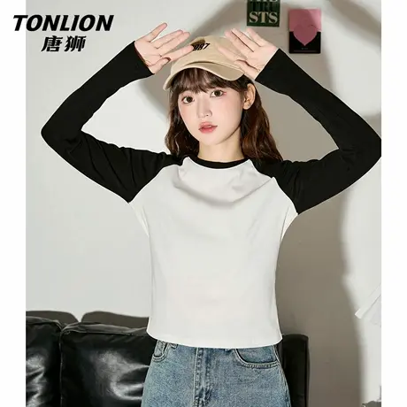 唐狮官方黑色插肩长袖t恤女2026新款春秋款修身显瘦内搭上衣女VB图片