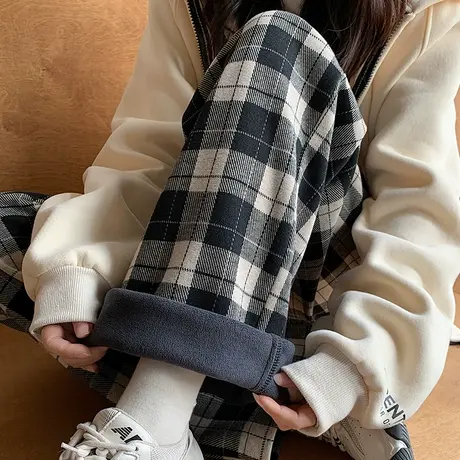 加绒黑白格子裤女秋冬季高腰垂感休闲窄版拖地加厚毛呢直筒阔腿裤商品大图