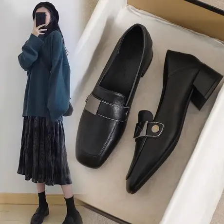 真皮高跟小皮鞋女2023新款秋季英伦风配裙子乐福鞋软底黑色工作鞋商品大图