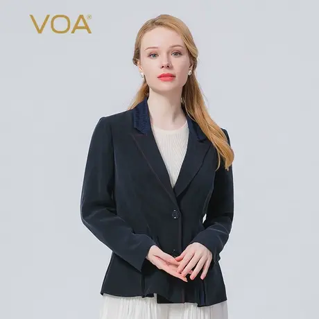 VOA真丝30姆米重磅藏青色做旧两粒扣长袖下摆褶皱桑蚕丝西装外套商品大图