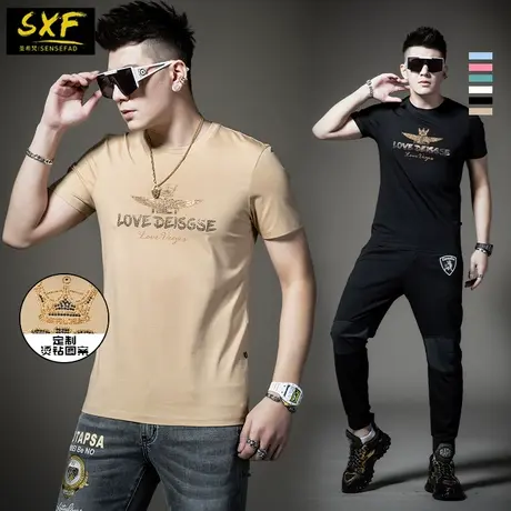 SXF圣希梵2023夏季新款男士t恤 天山雪棉半袖体恤 潮牌烫钻短袖男商品大图