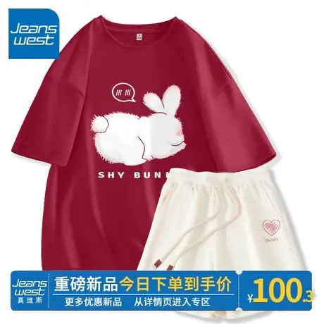 ZR真维斯休闲运动套装女夏季新款 纯棉短袖t恤华夫格三分裤两件套图片