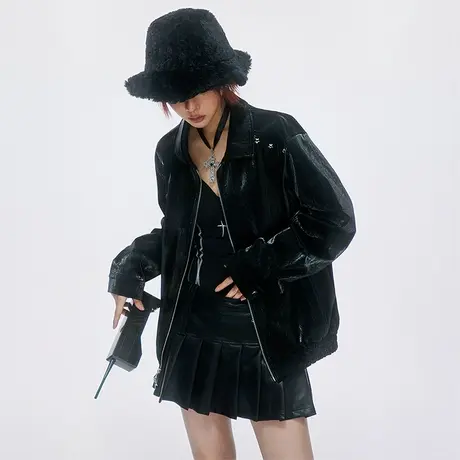 铆钉皮衣女2023新款潮牌复古机车风pu皮夹克外套宽松oversize上衣商品大图
