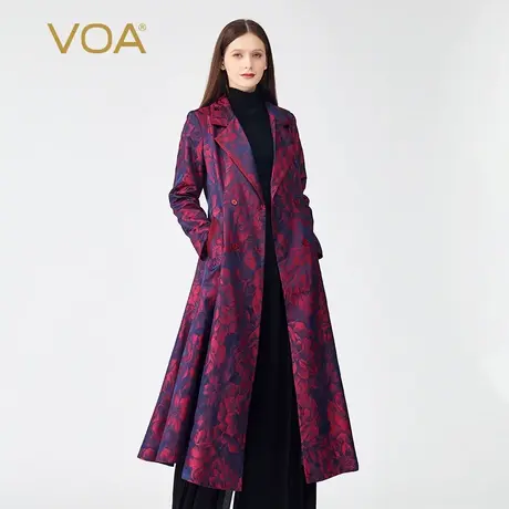 VOA新品真丝色织提花红色西装领双排扣长袖中长款桑蚕丝风衣外套图片