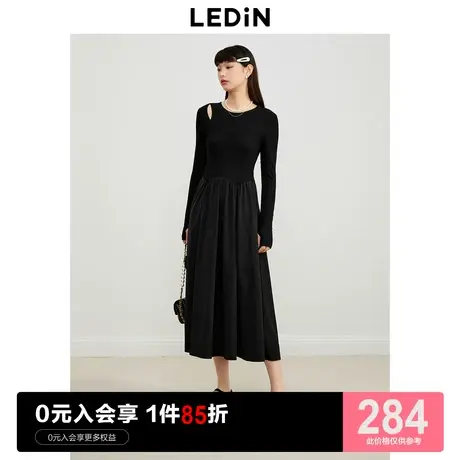 乐町针织拼接长袖连衣裙23年秋季新款肩部镂空设计女装中长内搭裙商品大图