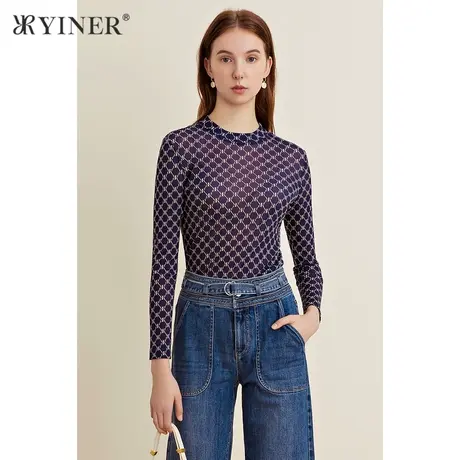 YINER音儿女装春季复古格子长袖针织衫商品大图