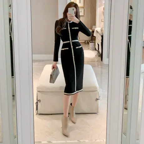 气质女神范OL职业装撞色连衣裙修身显瘦中长款时尚减龄洋气裙子图片