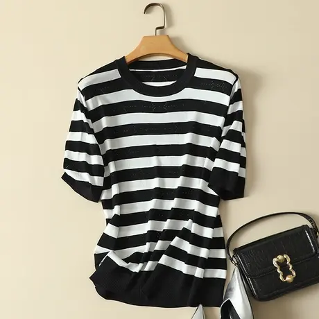 短袖t恤女装夏装2024年新款ins潮冰丝打底衫内搭条纹圆领上衣夏季商品大图