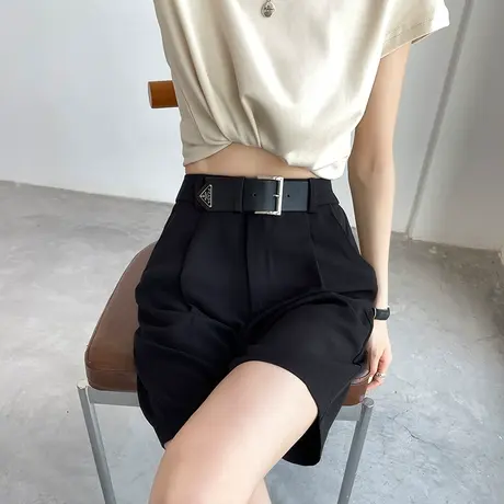 黑色西装短裤女夏季薄款宽松休闲阔腿高腰显瘦直筒a字5五分裤中裤商品大图