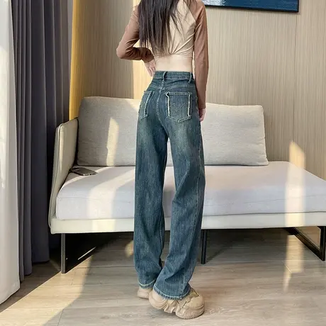 高腰阔腿牛仔裤女2024秋季新款直筒宽松显瘦美式复古小个子拖地裤商品大图