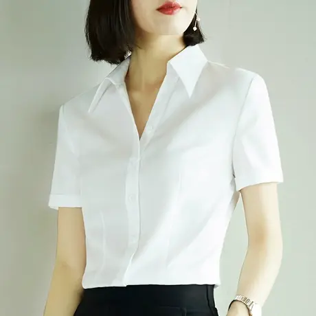 雀后白衬衫女设计感小众短袖V领上衣职业工装工作服时尚气质衬衣商品大图