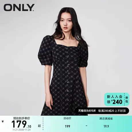 ONLY奥莱2023夏季新款时尚满印方领灯笼袖短款牛仔连衣图片