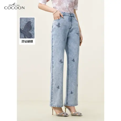 MISSCOCOON蝴蝶印花水洗牛仔裤女2023夏装新款复古纯棉直筒休闲裤商品大图