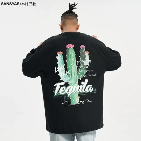 木村三社SANSYAS 仙人掌印花美式复古t恤长袖全棉春秋季宽松衣服图片