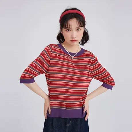 【6折清仓】小众独特显瘦短款上衣设计感条纹短袖针织衫薄款半袖商品大图