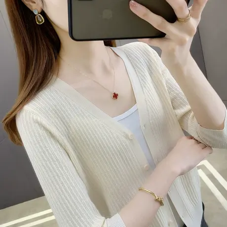 冰丝针织开衫2025春装新品女v领七分袖设计感小个子短款外搭上衣图片