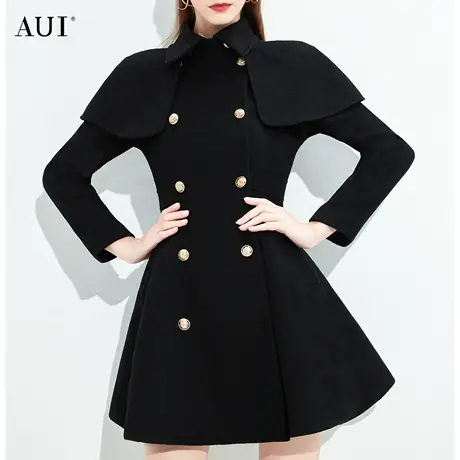 AUI黑色可拆卸小斗篷毛呢外套女2024秋冬新款小个子气质呢子大衣图片