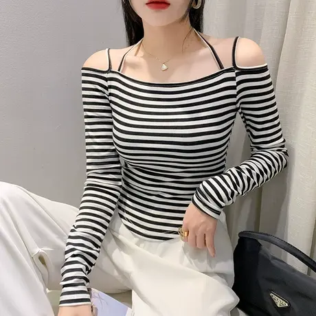 性感一字领网红T恤女长袖秋装设计感高腰吊带上衣条纹短款打底衫图片
