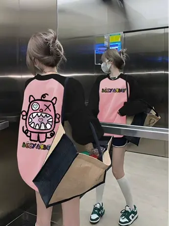 粉色拼接美式hiphop卫衣薄款2024新款秋冬oversize设计感小众上衣商品大图