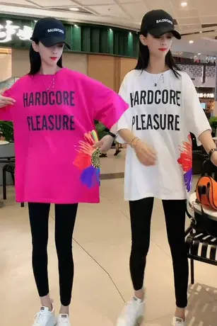 夏季新款韩版太阳花设计感短袖t恤女ins潮字母印花休闲大码上衣服商品大图