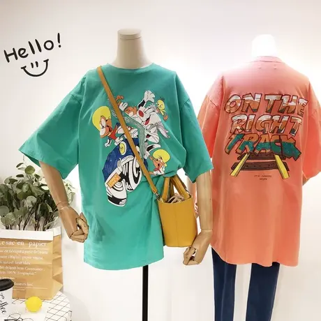 2020夏款韩国东大门ulzzang卡通刺绣中长款宽松BF韩范休闲T恤大码商品大图