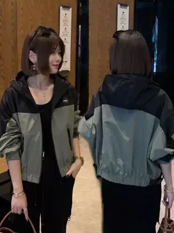 2023秋季撞色连帽简约外套女韩版宽松休闲工装运动百搭夹克衫上衣图片