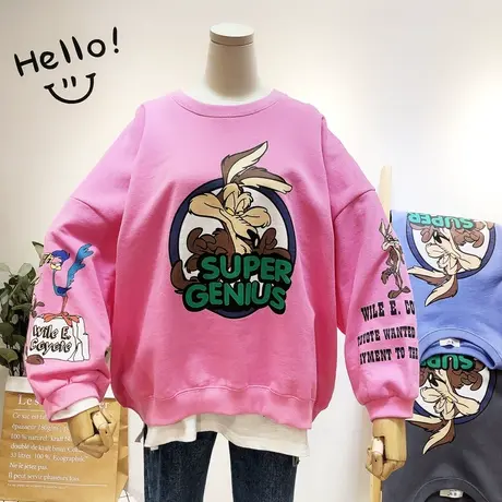 2020早春新款韩国东大门ins潮卡通灰狼毛圈棉宽松BF卫衣大码显瘦图片