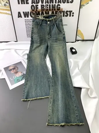 腰围毛边韩版牛仔喇叭裤女2023秋季新款显瘦百搭复古磨白马蹄长裤商品大图